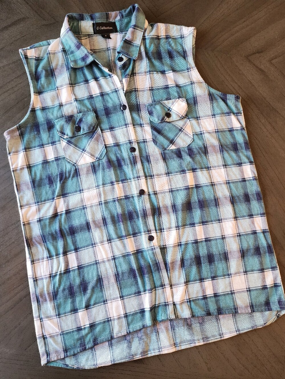 G Collection Plaid Sleeveless Button-Down Shirt - Teal & White - Size M
